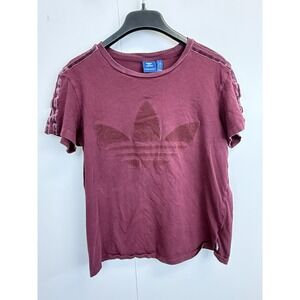 Adidas Original Womens Burgundy Boyfriend Velvet 3 Stripe Trefoil Tee Size Small